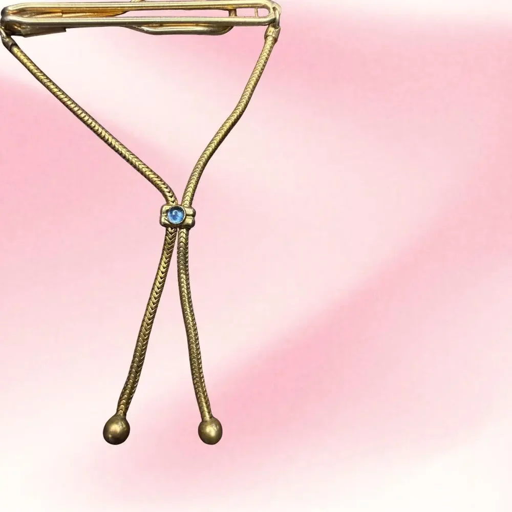 Vintage Swank MCM Gold Tone Blue Rhinestone Snake Chain Tassel Tie Bar
